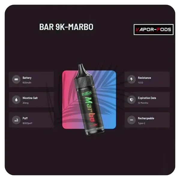 Marbo Bar 9000 Puffs：泰國馬博爆款拋棄式，雙網芯智能油電顯示，現貨供應