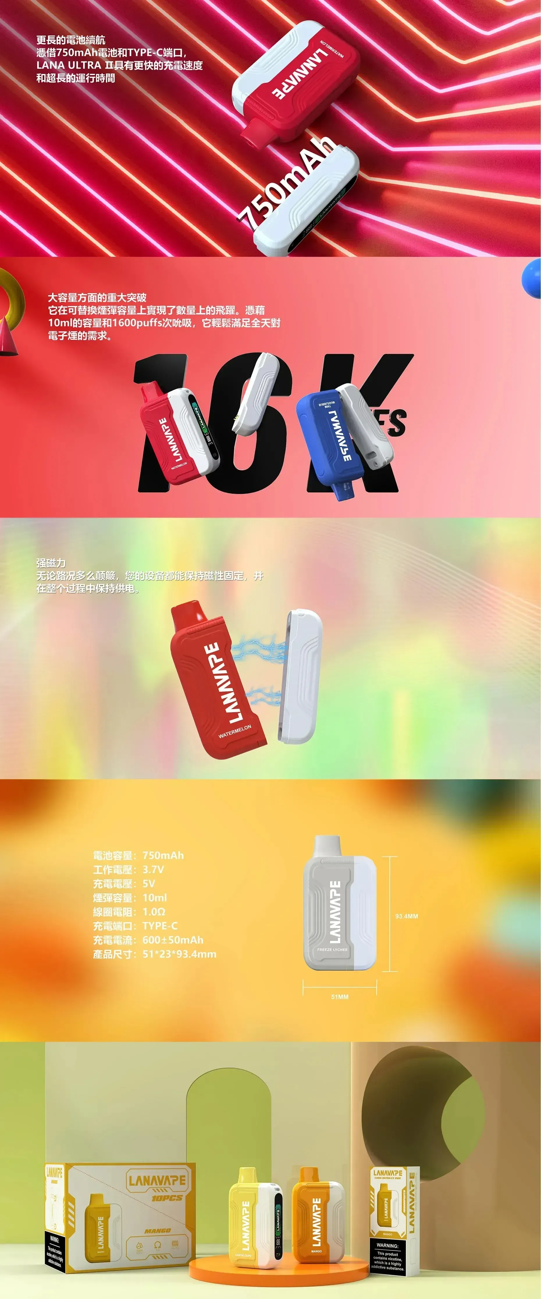 LANA 16000口 Ultra II 拋棄式煙桿磁吸換彈細節與外觀展示